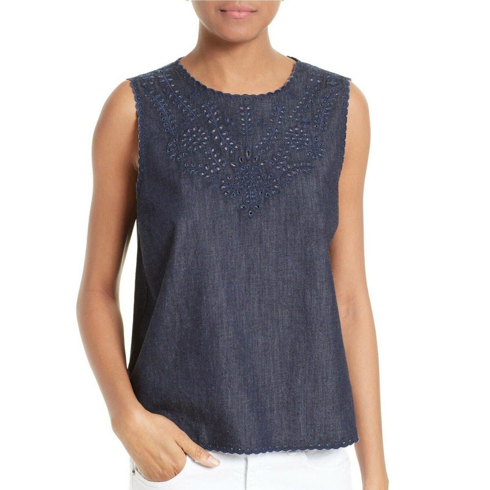 Rag & Bone Size XS Sahara Scalloped Chambray Eyelet Tank Top Sleeveless Blue‎
